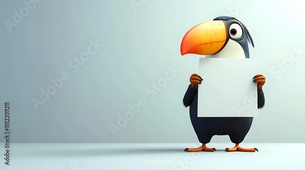 Obraz A cartoon toucan holding a blank sign against a minimalistic background.
