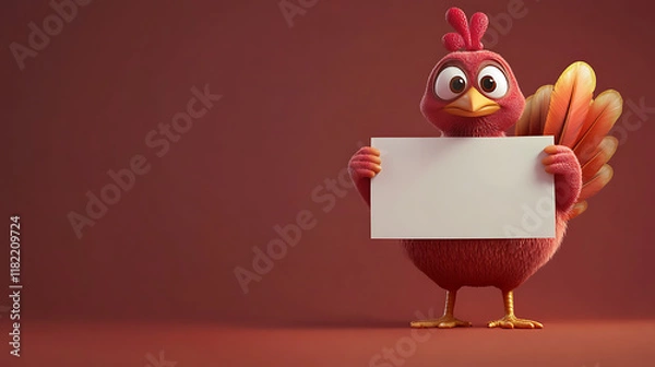 Obraz A cartoonish red bird holding a blank sign against a simple background.