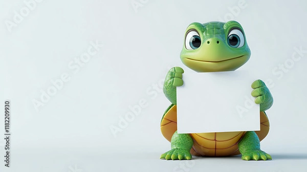 Fototapeta A cartoon turtle character holding a blank sign, ready for customization or messaging.