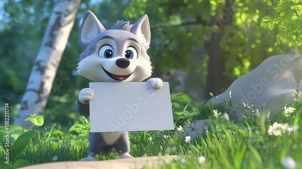 Obraz A cheerful cartoon wolf character holds a blank sign in a vibrant, green forest setting.