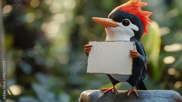 Obraz A colorful bird holds a blank sign amidst lush greenery, inviting messages or creativity.