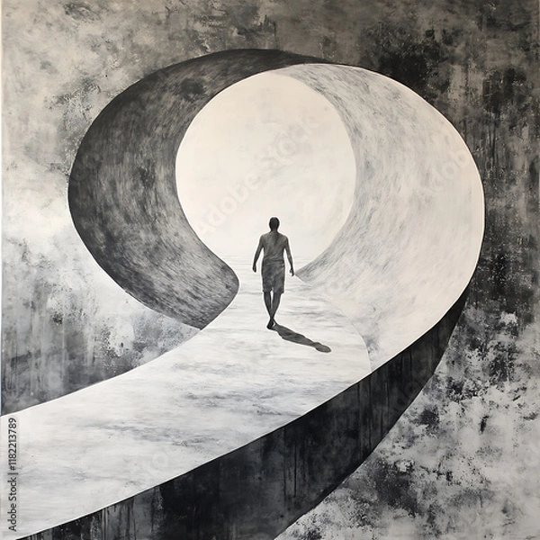 Obraz A monochromatic artwork depicting a figure walking through a swirling pathway.