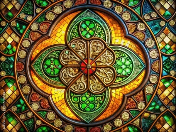 Fototapeta Architectural photography captures a colorful stained-glass clover, its Celtic knotwork detailed, illuminated by contrasting light.