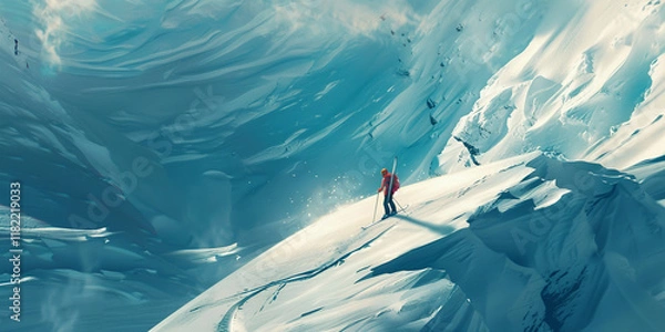 Obraz A lone figure stands on a snowy mountain slope amidst vast towering ice formations