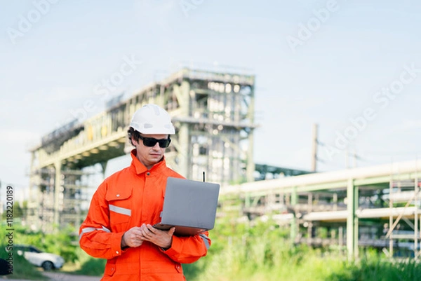 Obraz Industrial site engineer wearing orange reflective gear, managing scaffolding inspection with a laptop and walkie-talkie, emphasizing expertise in construction safety and project management.