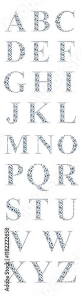 Fototapeta Elegant Diamond Alphabet Font with Sparkling Detail on Black Background. Illustration featuring glittering diamond-studded letters of the alphabet designed in an elegant font style.