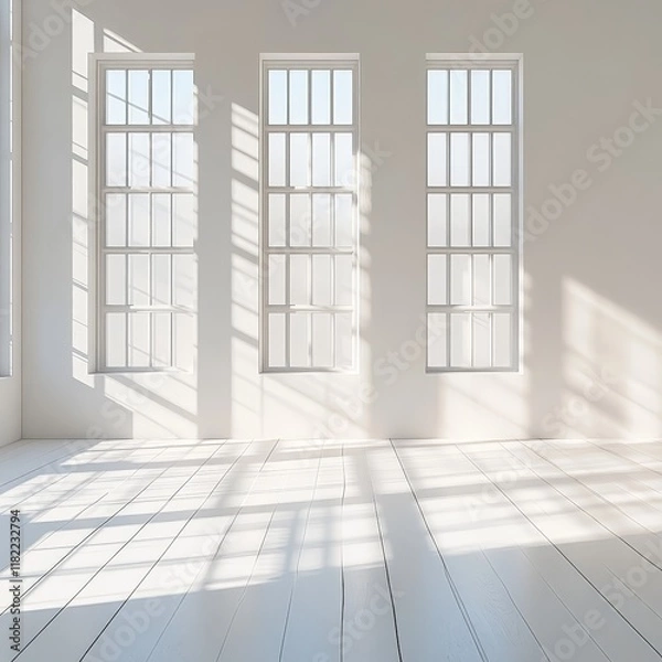 Fototapeta A clean, minimalist white studio room with sunlight and shadow patterns, ideal for creative designs.