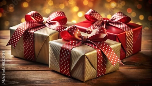 Fototapeta Three Elegant Gift Boxes with Red and White Ribbons - High-Resolution Stock Photo