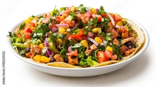 Fototapeta A plate of tacos filled with colorful ingredients, isolated on a clean white background with copy space.