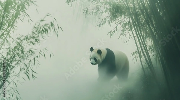 Fototapeta A big panda walking in a bamboo forest on a misty morning.