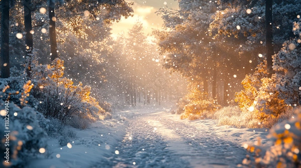 Fototapeta Winter landscape with sunlight filtering through trees and snow-covered pathway in the forest