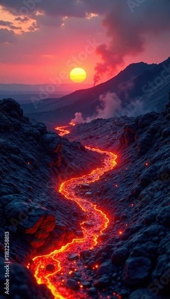 Obraz Fiery lava flows from a volcanic crater at sunset, nature, volcano, fire
