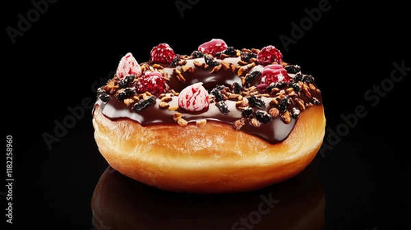 Obraz Close-up of a delicious donut with various toppings of berries and chocolate. Homemade sweet treat dessert to bake yourself 