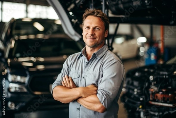Obraz Smiling portrait of a middle aged Caucasian car mechanic in workshop