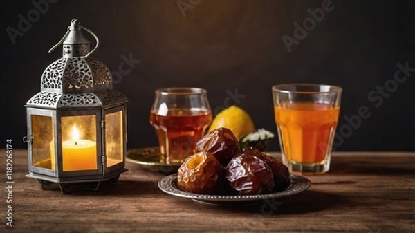 Fototapeta Ramadan dates fruit and drinks, Lantern on Isolated Background