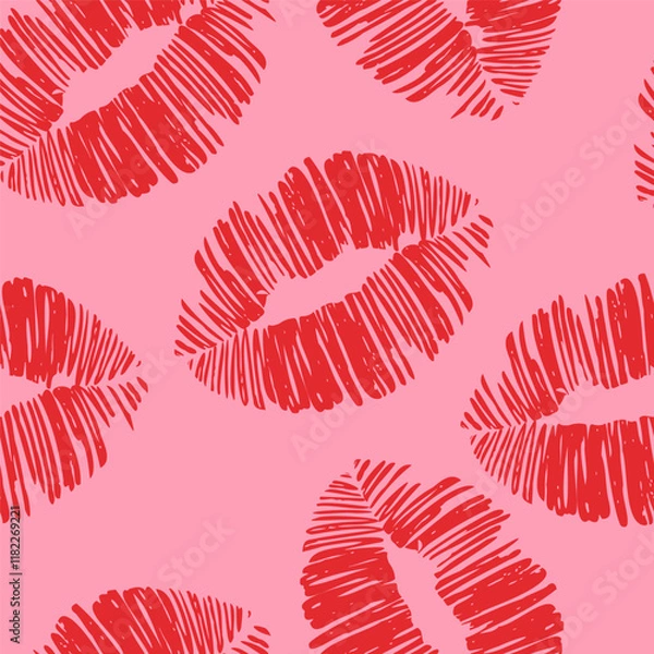 Fototapeta Seamless pattern with retro y2k kisses, futuristic elements for design. Cute pattern with lips for Valentine's Day. Wrapping, packaging design in flat style. Red and white. Suitable for gift wrap
