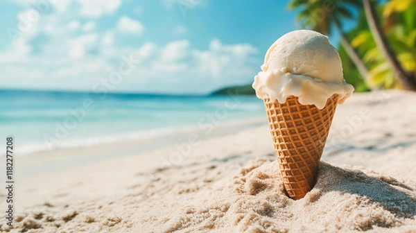 Obraz A cone with ice cream stuck in the sand on the beach of a tropical island. The sea and palm trees in the background. Vacation and travel concept with Copy Space 
