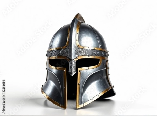 Fototapeta Detailed medieval helmet showcases intricate design and craftsmanship in a studio setting