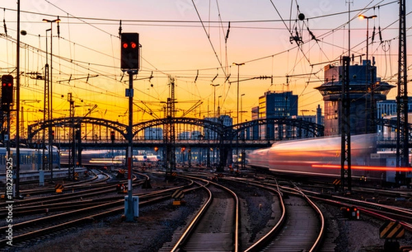 Obraz Fast trains leaving and arriving at Munich main station (Germany) in warm evening light. Blurred light traces. Railway infrastructure, signals, glistening tracks, switches. Long exposure at sunset.