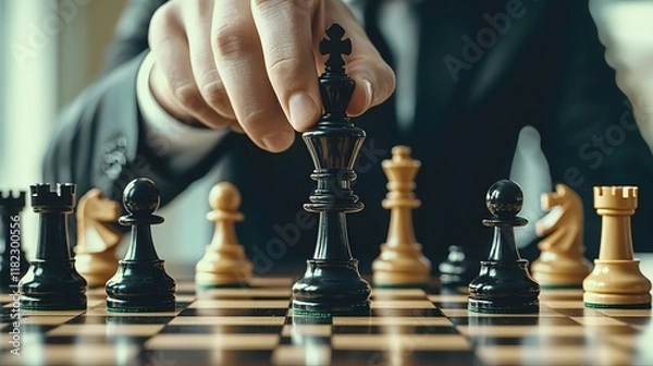 Fototapeta Intense focus and determination of a business executive delivering a critical checkmate in a high stakes chess game showcasing strategic thinking leadership