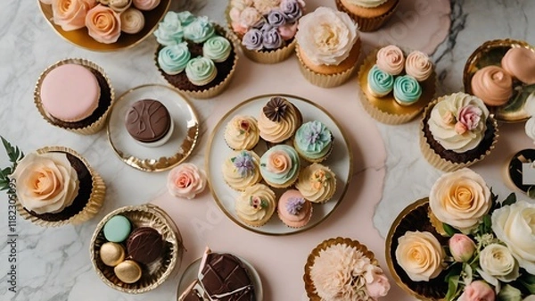 Obraz Elegant table setup with white linens and decorative elements that complement the desserts for a celebratory atmosphere.