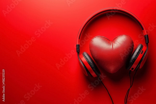 Fototapeta volumetric red Heart in headphones on a red background. vector illustration. Music love concept