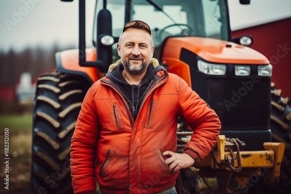 Fototapeta Portrait of a smiling middle aged male farmer standing next to tractor