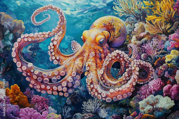 Fototapeta Colorful octopus blends into vibrant coral reef in clear tropical waters during midday