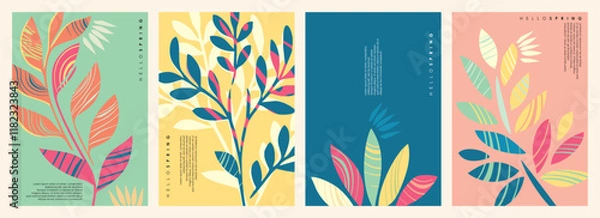 Fototapeta Floral spring banners collection with various plants and leaves. Seasonal posters vector design set
