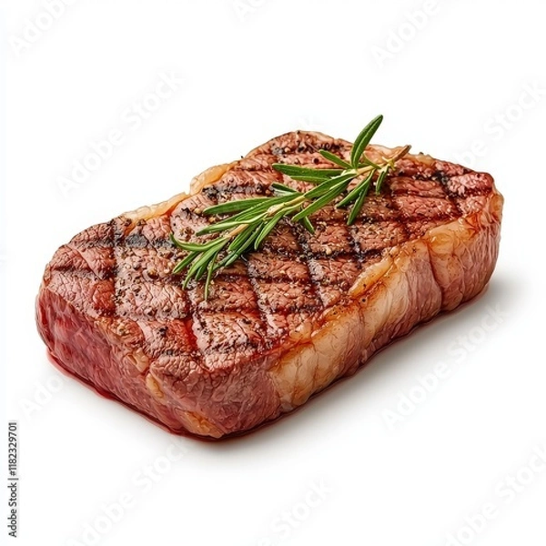 Fototapeta A perfectly grilled Wagyu Striploin Steak garnished with rosemary, showcasing mouthwatering texture and flavor. Ideal for culinary presentations.