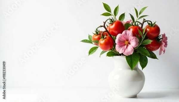 Fototapeta Twig and tomatoes in a vase on a white background, arrangement, flowers