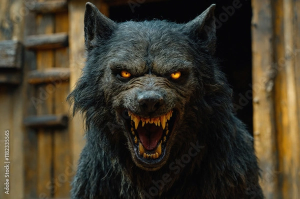 Fototapeta Fierce werewolf with glowing eyes snarling in a rustic outdoor setting