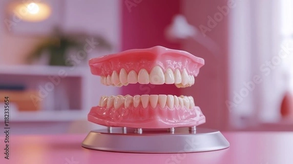 Fototapeta A pair of dentures balanced on a sleek dental model stand with soft gradient lighting