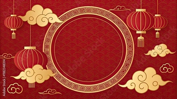 Fototapeta Festive red background with golden clouds and lantern decorations, featuring a circular frame border with a blank central space for text, ideal for Chinese New Year celebrations.