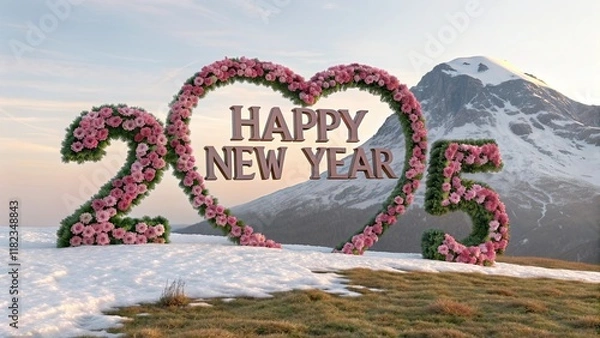 Fototapeta Romantic 3D pink number "2025" crafted from roses, with a heart-shaped snow-capped mountain background, featuring large "Happy New Year" text centered in the image.