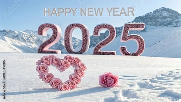 Fototapeta Romantic 3D "Happy New Year" Centered with Heart-Shaped Pink Roses and '2025' Formation, Snowy Mountain Landscape Background, Soft Pastel Shades, Sunny Clear Blue Sky, High Resolution