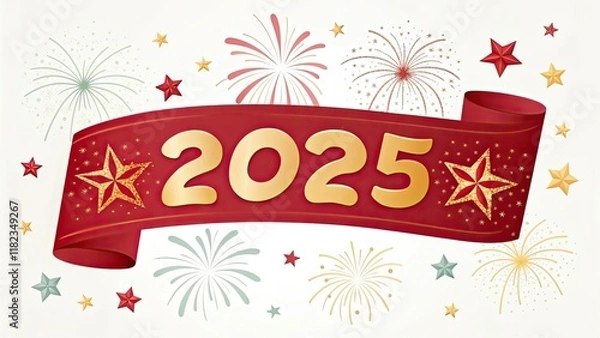 Fototapeta Festive red ribbon with New Year elements, fireworks, and stars surrounding "2025", exuding happiness for the Happy New Year, set against a transparent background.