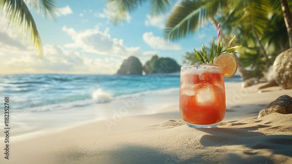 Obraz A fruity cocktail on the sand on the beach with the sea and palm trees on the tropical island in the background. Vacation and travel concept with Copy Space
