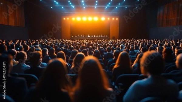 Obraz Large business conference with speakers on stage, audience in rows, high-quality visuals and lighting 