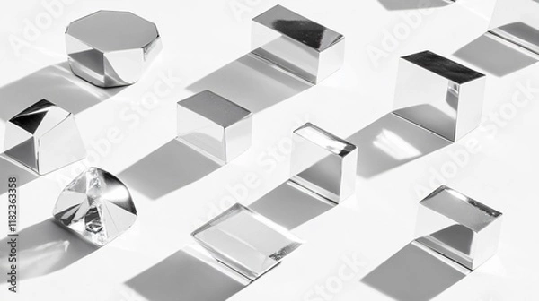 Fototapeta Abstract Silver Geometric Shapes Shadows White Background Minimalist