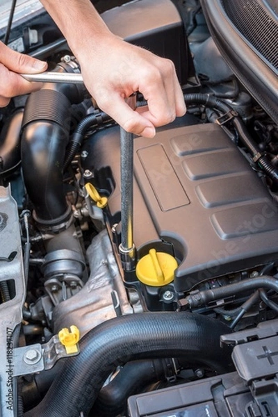 Fototapeta Hands repairing a modern car engine with a wrench