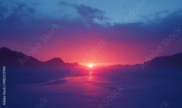 Fototapeta Vibrant sunset over misty mountains, calm lake reflection; nature background