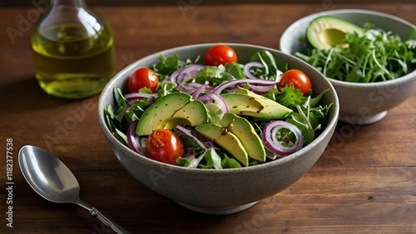 Obraz Fresh salad with mixed greens, avocado, cherry tomatoes, and a drizzle of olive oil.