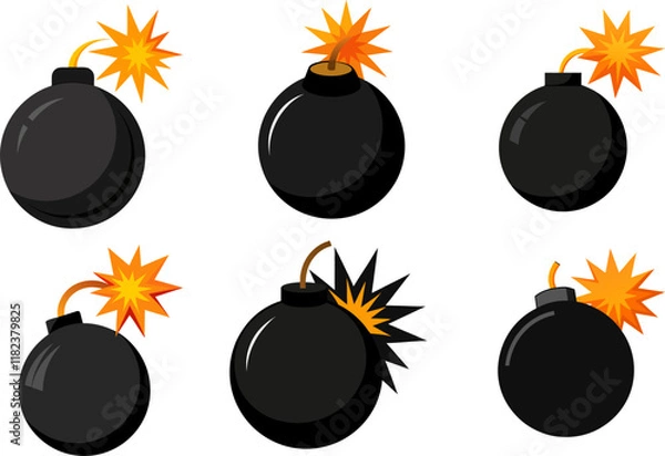 Fototapeta bomb with burning fuse flat silhouette  icon vector illustration on white background
