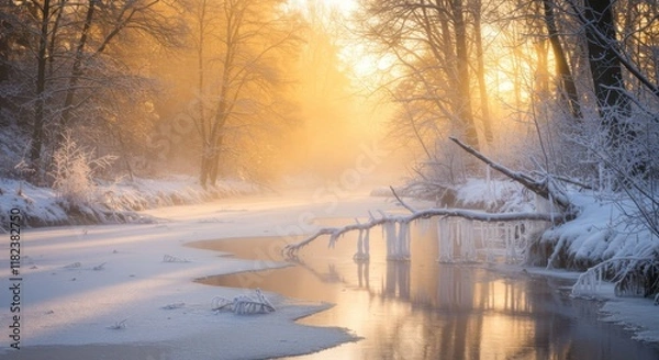 Fototapeta Winter forest, frozen stream, golden sunlight, misty atmosphere, snow-covered trees, bare branches, ethereal glow, peaceful landscape, serene nature, frosty morning, dreamy scenery, soft light, reflec