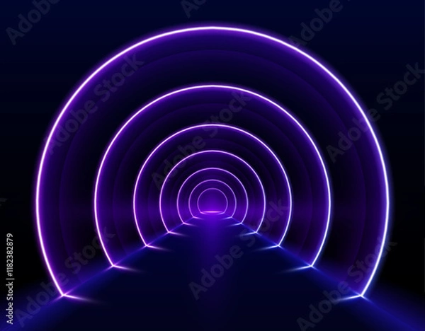 Obraz Glowing neon lines create a vibrant spectrum in an abstract 3D tunnel. Pink and blue colors form a circular portal leading into the unknown. 