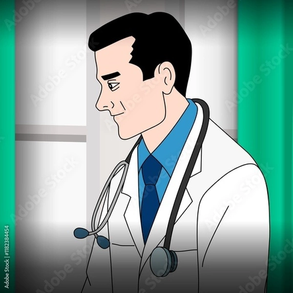 Fototapeta A man in a white coat is depicted with a stethoscope draped around his neck, symbolizing his role in healthcare. The background features a window, and the man's expression is focused and professional.