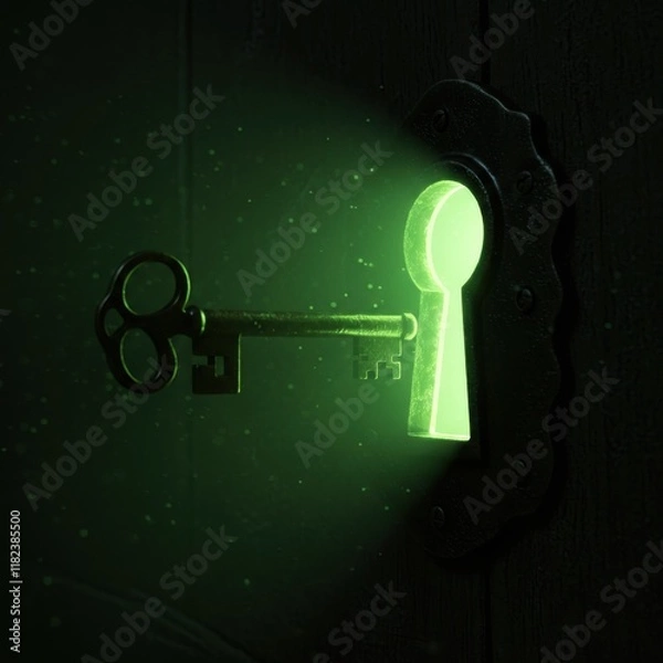Fototapeta Glowing green keyhole, antique skeleton key, dark mysterious background, eerie light, surreal atmosphere, symbolic imagery, secret passage concept, intrigue and curiosity, shadowy environment, dream-l