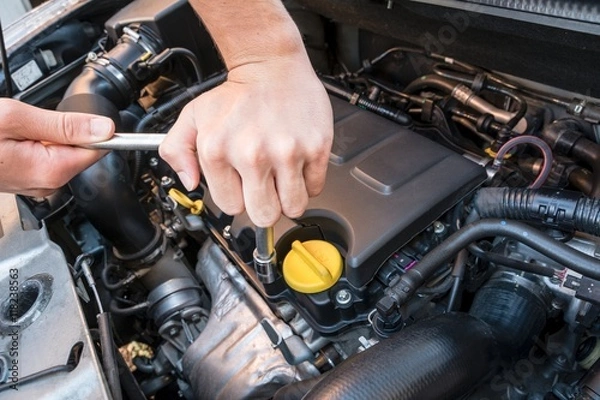 Fototapeta Hands repairing a modern car engine with a wrench