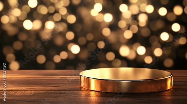Fototapeta A round golden display stand rests on a wooden table. In the background, blurred sparkling lights create a festive and elegant atmosphere perfect for showcasing items.